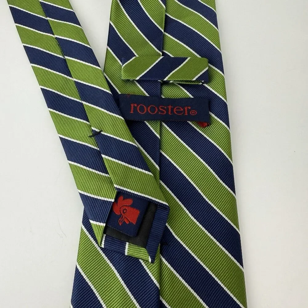Rooster 100% Silk Repp Tie Green Blue Stripes 3.5